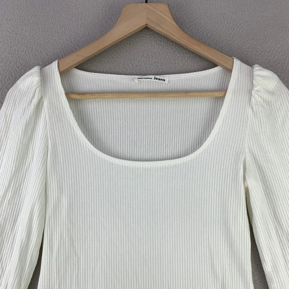 Reformation Jeans Vita Top Womens Small White Ribbed Puff Long Sleeve Scoop Neck